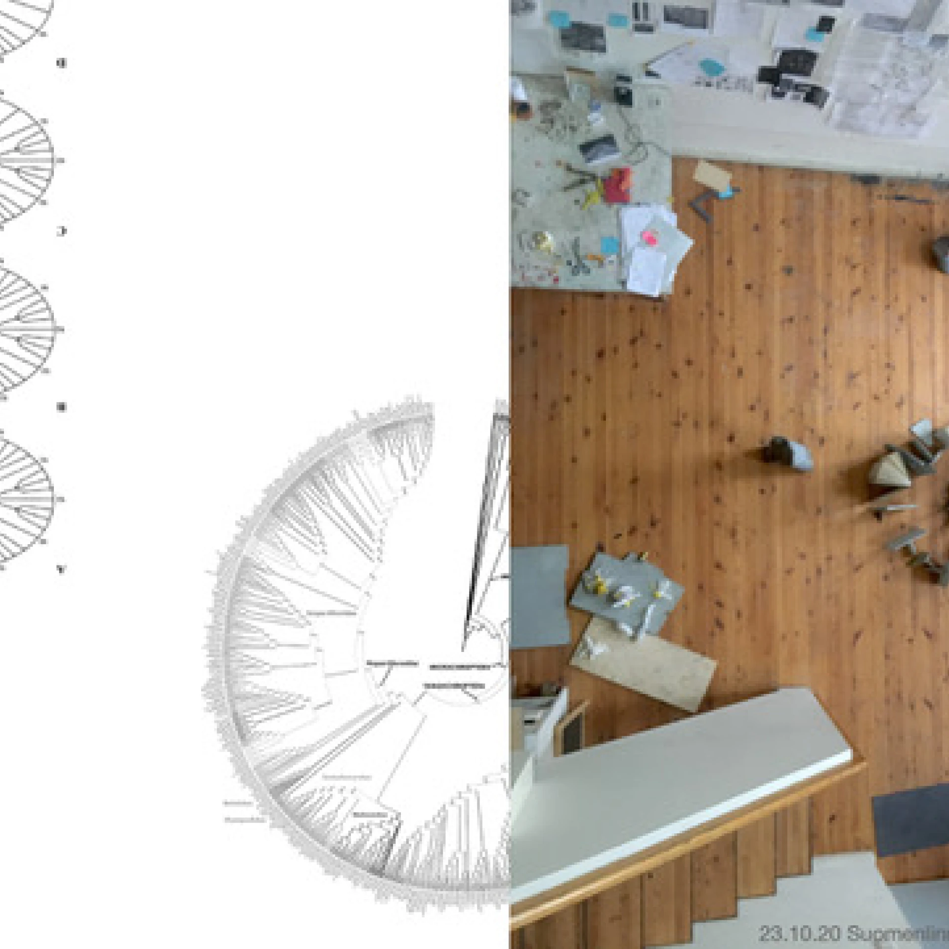“Among other finds from the island of Suomenlinna and material remains of former HIAP residents, I am especially grateful to Baran Caginli, whose work remaining at Atelier Elias offered me a unit for my study, and to Jessie Bullivant, who asked me to collect the historical building cores.” (Effrosyni Kontogeorgou)
Left: Drawings of the Kustaanmiekka and its defenses from 1751 (source: http://fmedia.fi/suomenlinna/history_of_buildings.html)
Right: Process study, Effrosyni Kontogeorgou