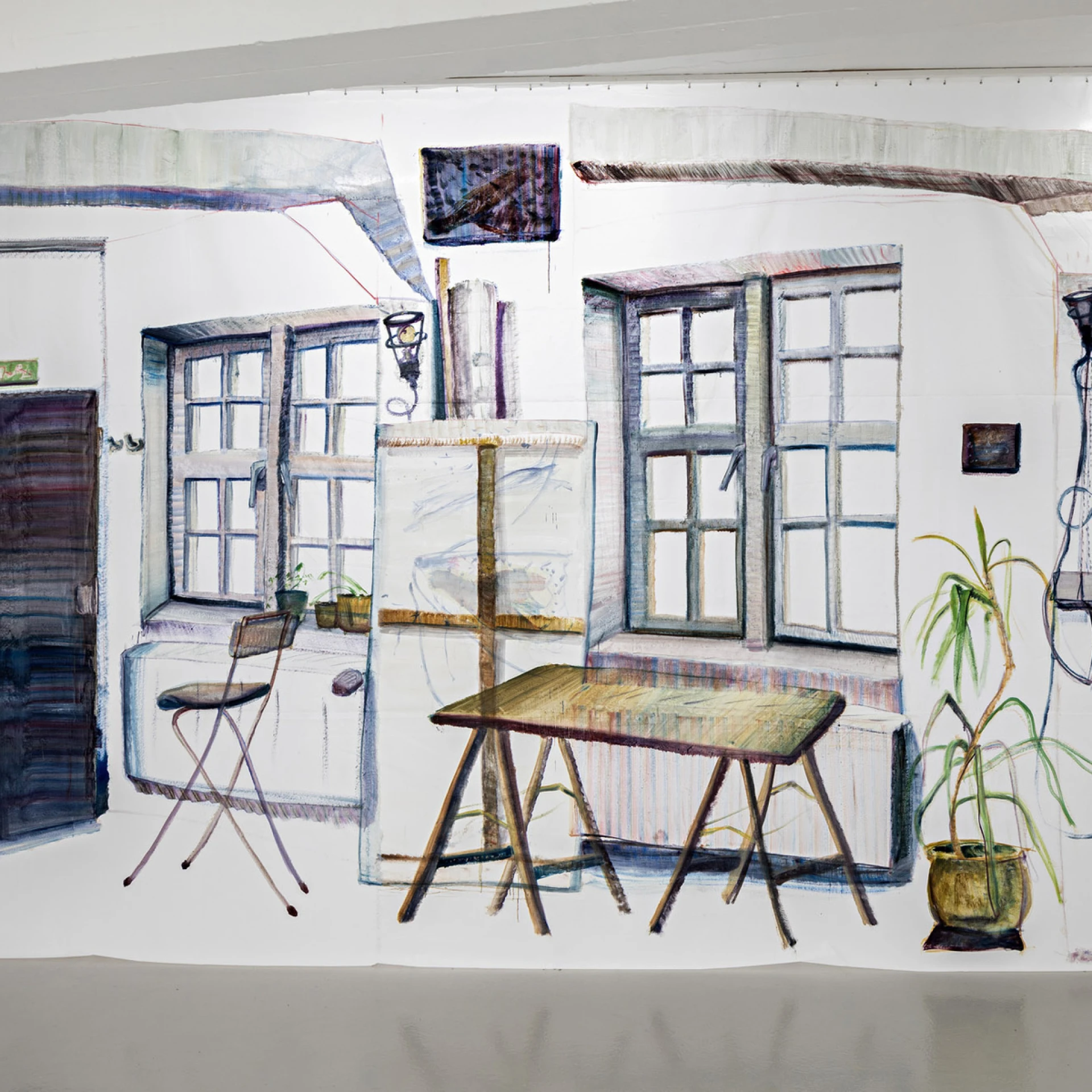 *Atelier X*, 2022, Öl auf Segelstoff, 3 x 5m, Ausstellungsansicht Galerie Künstlerhaus am Deich Bremen, Foto Fred Dott
