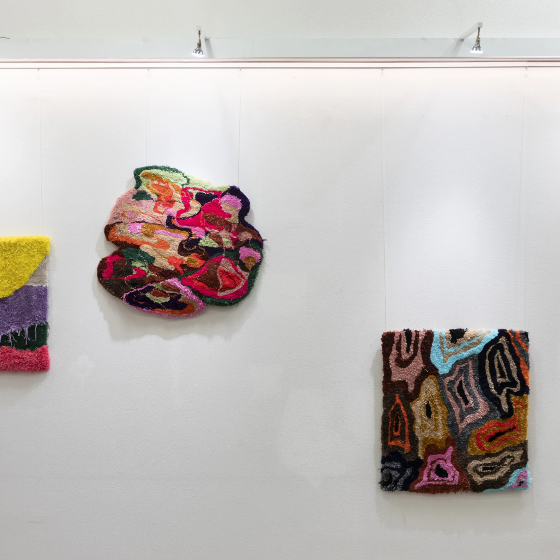 *Sonne*, Tufting auf Stoff, 64 x 58 cm, 2024
*Schmelzende Augen*, Tufting auf Stoff, verschiedene Formate, 2023
*Topographie* (aus der Serie „Schmelzende Augen“), Tufting auf Stoff, 69 x 77 cm, 2023
*Auge*, Tufting auf Stoff, verschiedene Format,2023
*cross over*, Ausstellung, Wall-Saal/Stadtbibliothek, ein Projekt im Rahmen von „Mind the Mycelium“ des
Künstlerinnenverbandes Bremen, GEDOK – 40 Tage Fescval Vernetzung & Feminismus in der Kunst