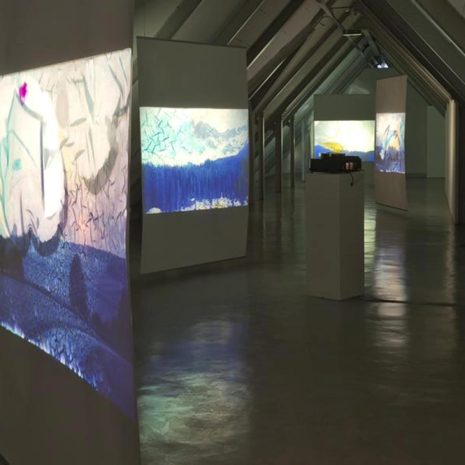 *serendipity*, 2019, 9 minütiger Loop, vier Diaprojektoren auf vier Leinwänden, 
je 2,2 x 1,5m, Ausstellungsansicht MeisterschülerInnen Ausstellung 2019, Weserburg - Museum für moderne Kunst, Bremen 2019
